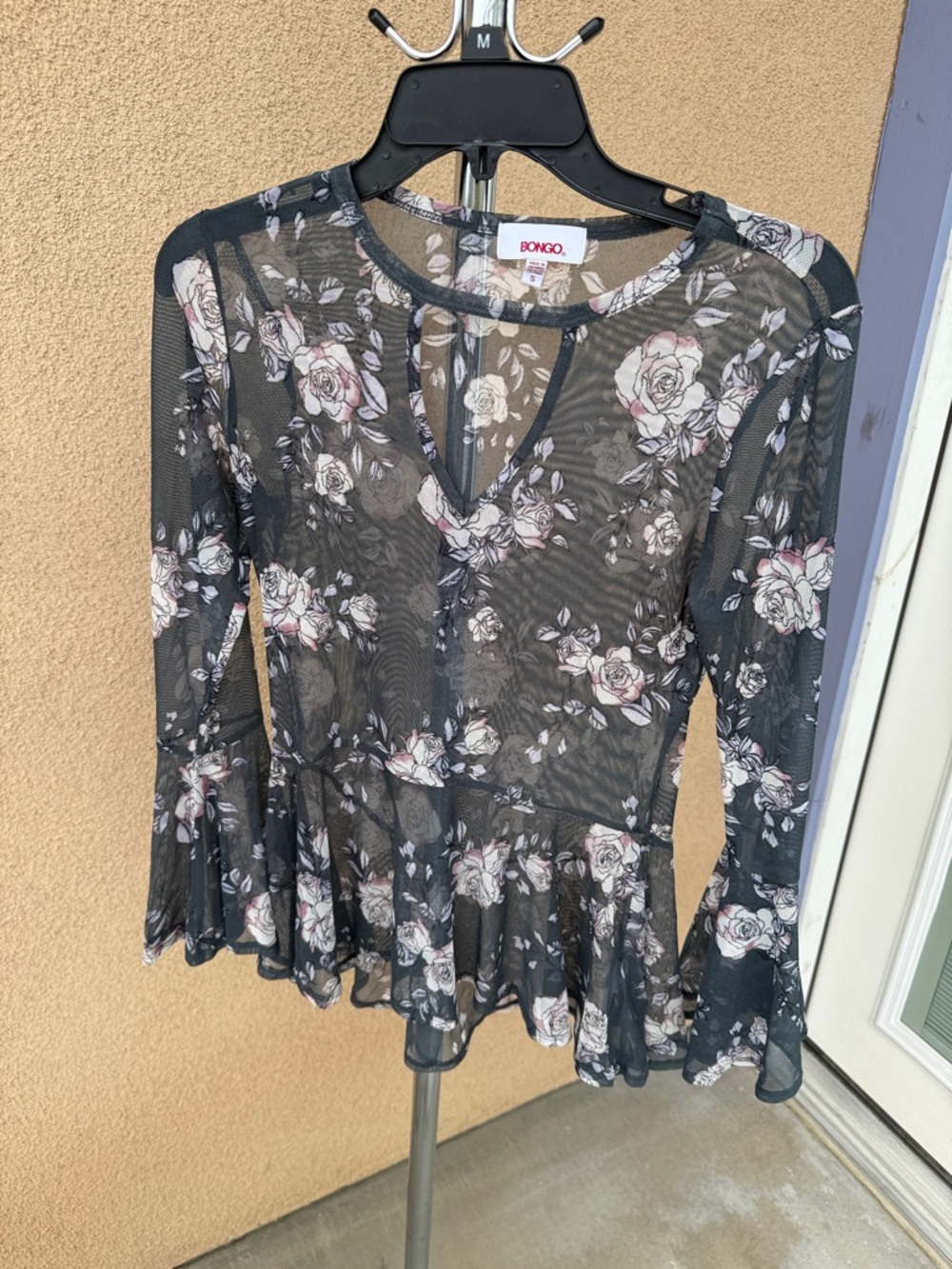 BONGO Black Sheer Floral Mesh Peplum Blouse with Pink Roses